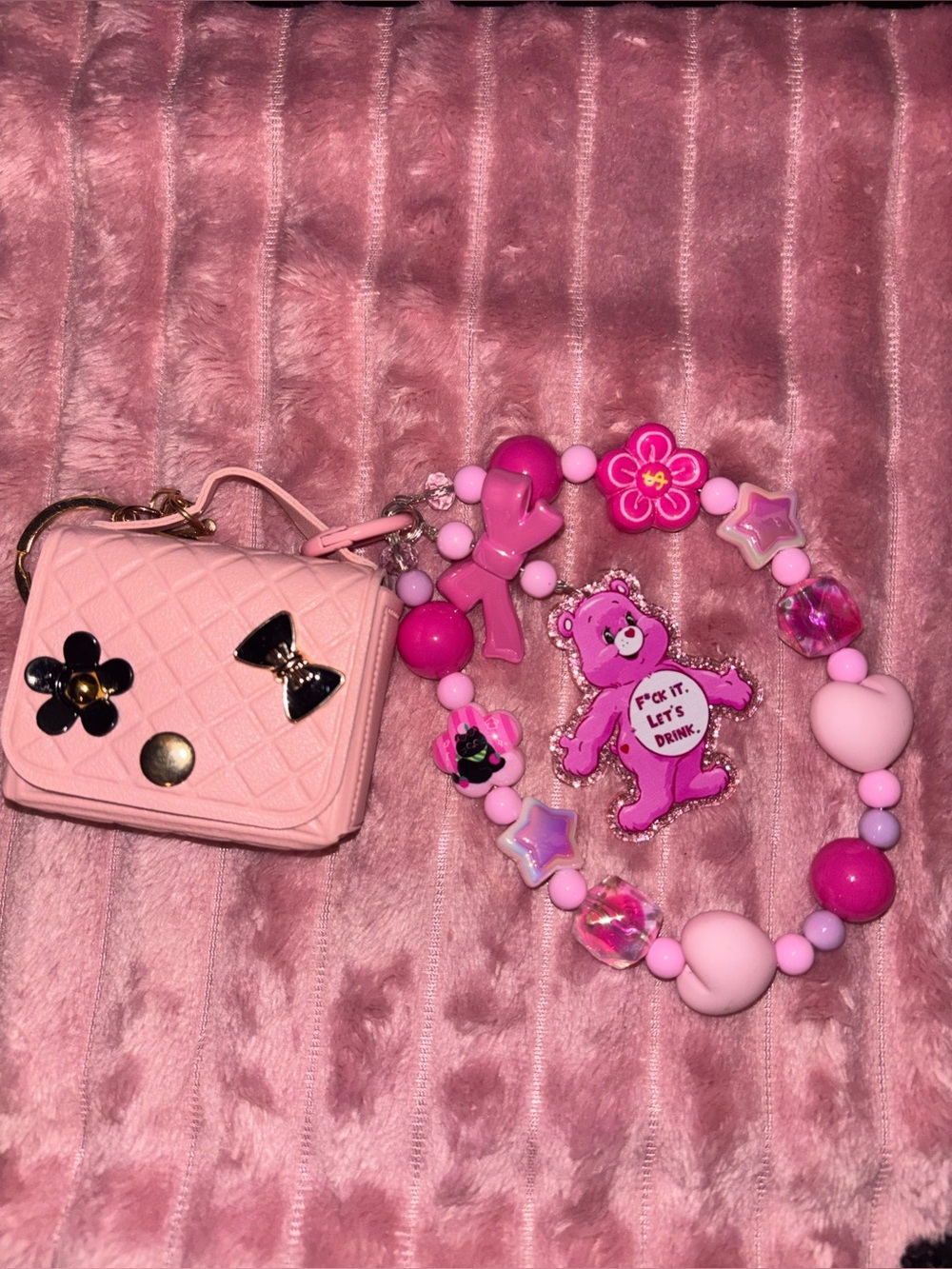 Pink earbud case mini purse with care, Bear phone holder